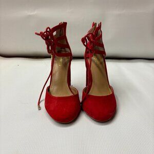 Express Red Faux Sued Lace up Wedge Heels